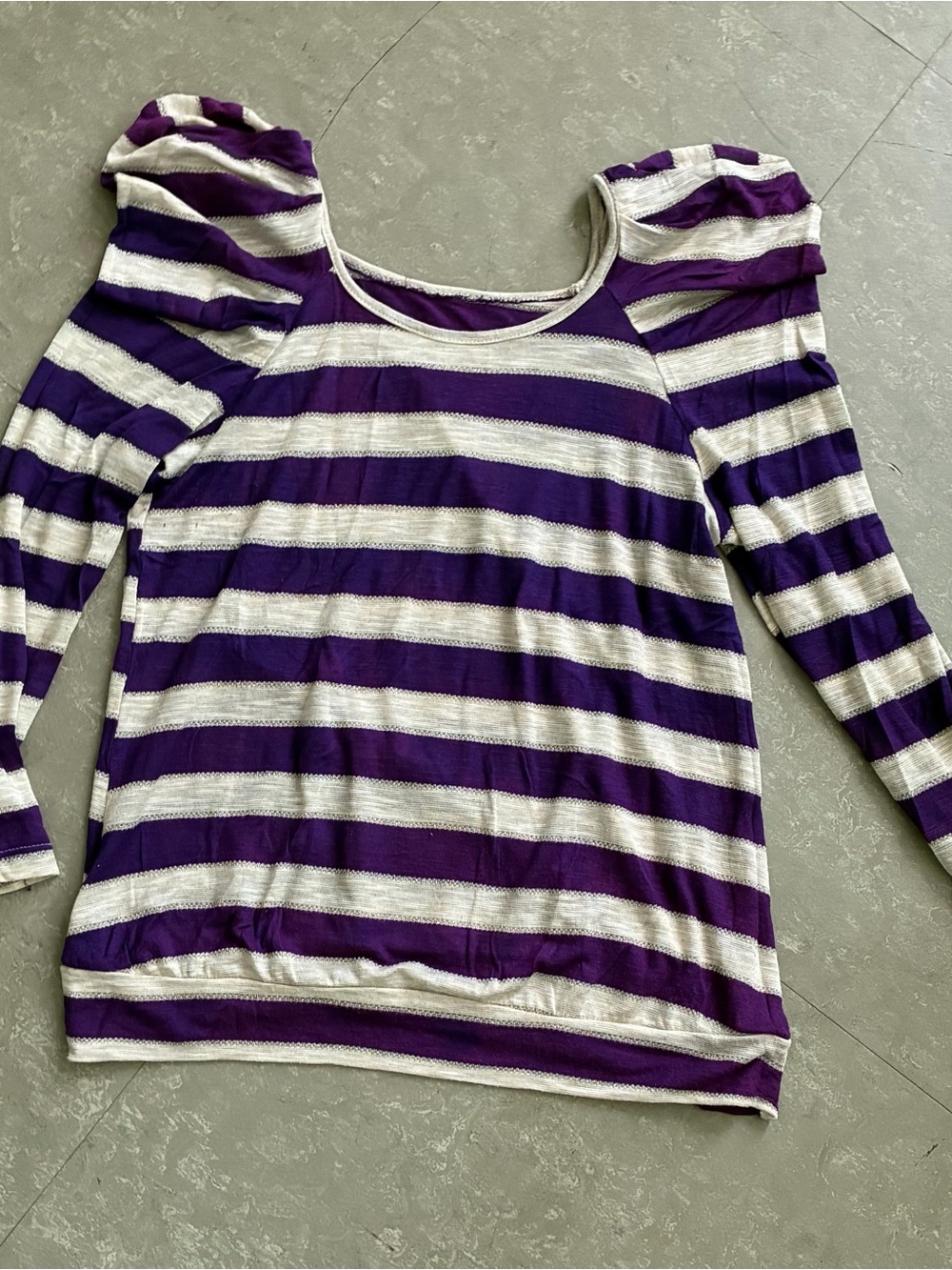 Striped Puff-Sleeve Long-Sleeve Top in Purple and White